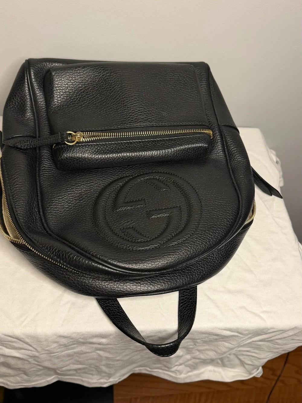 Gucci Black Pebbled Leather Mini Backpack with Gold Chain Straps
